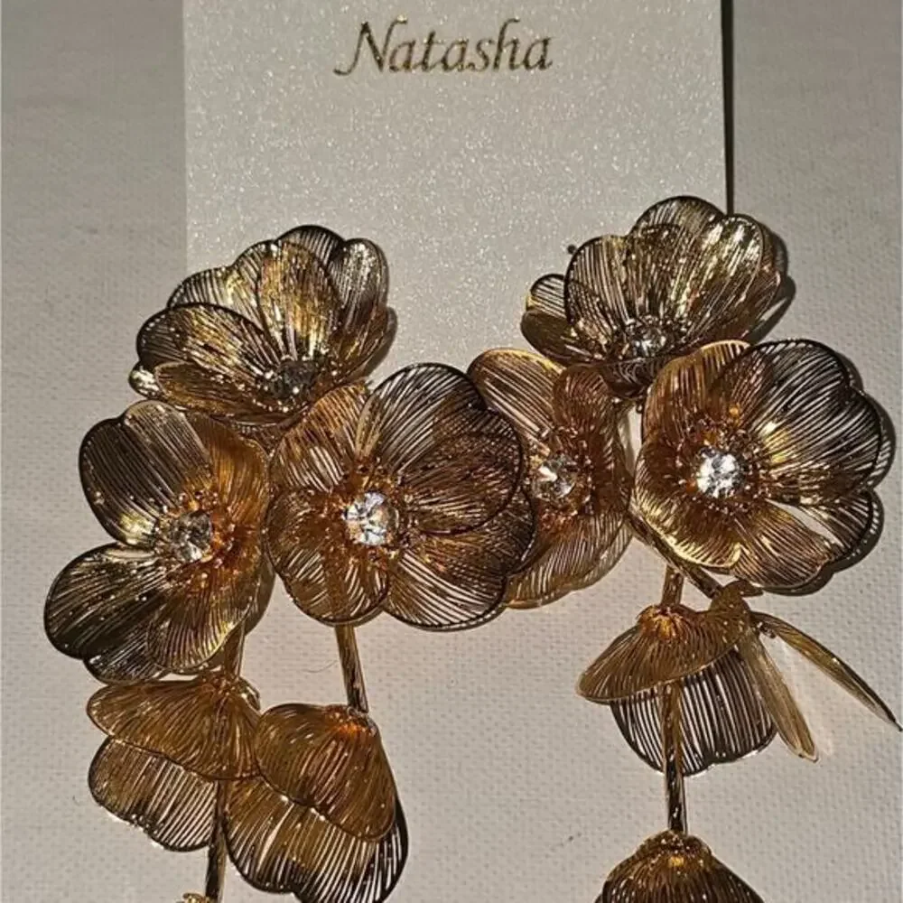 Natasha Gold Floral Drop Earrings Crystal Mesh Flower‎ Statement Chandelier 4.5